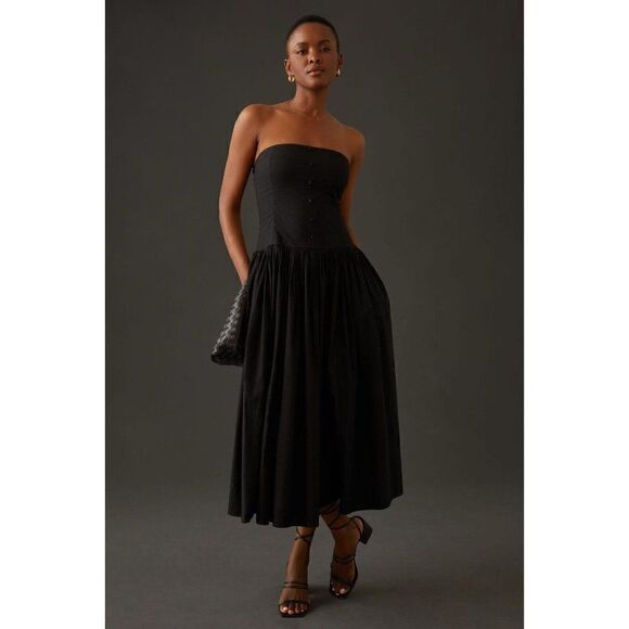 NEW ANTHROPOLOGIE LOVE THE LABEL CORSETED STRAPLESS MIDI DRESS BLACK - Picture 1 of 4